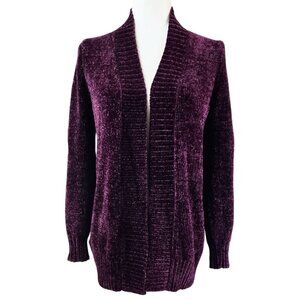 LOFT NWT Purple Chenille Open Front Cardigan Ribbed Trim Cozy Soft